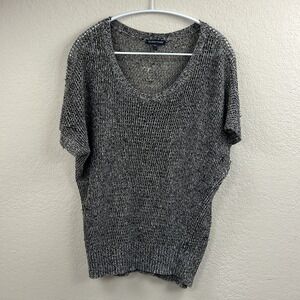 Eileen Fisher Sweater Womens Small Black Short Sleeve Linen/Wool Knit Marled Top